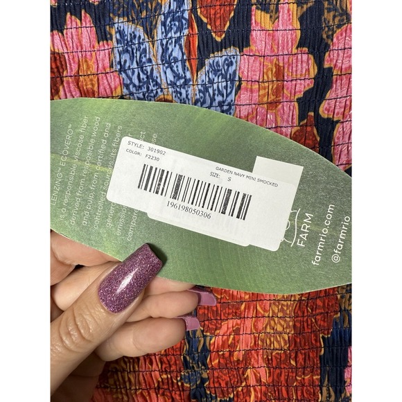 NWT Farm Rio Navy Garden Smocked Mini Dress Size S Lenzing Ecovero Floral Boho - Picture 10 of 14